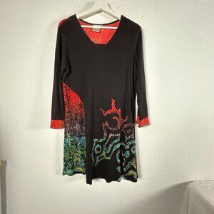 Parsley & Sage Womens V-Neck Black Abstract Print 3/4 Sleeve Tunic Top Medium